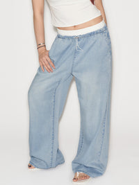 Double Layered Waist Wide Leg Denim Pants