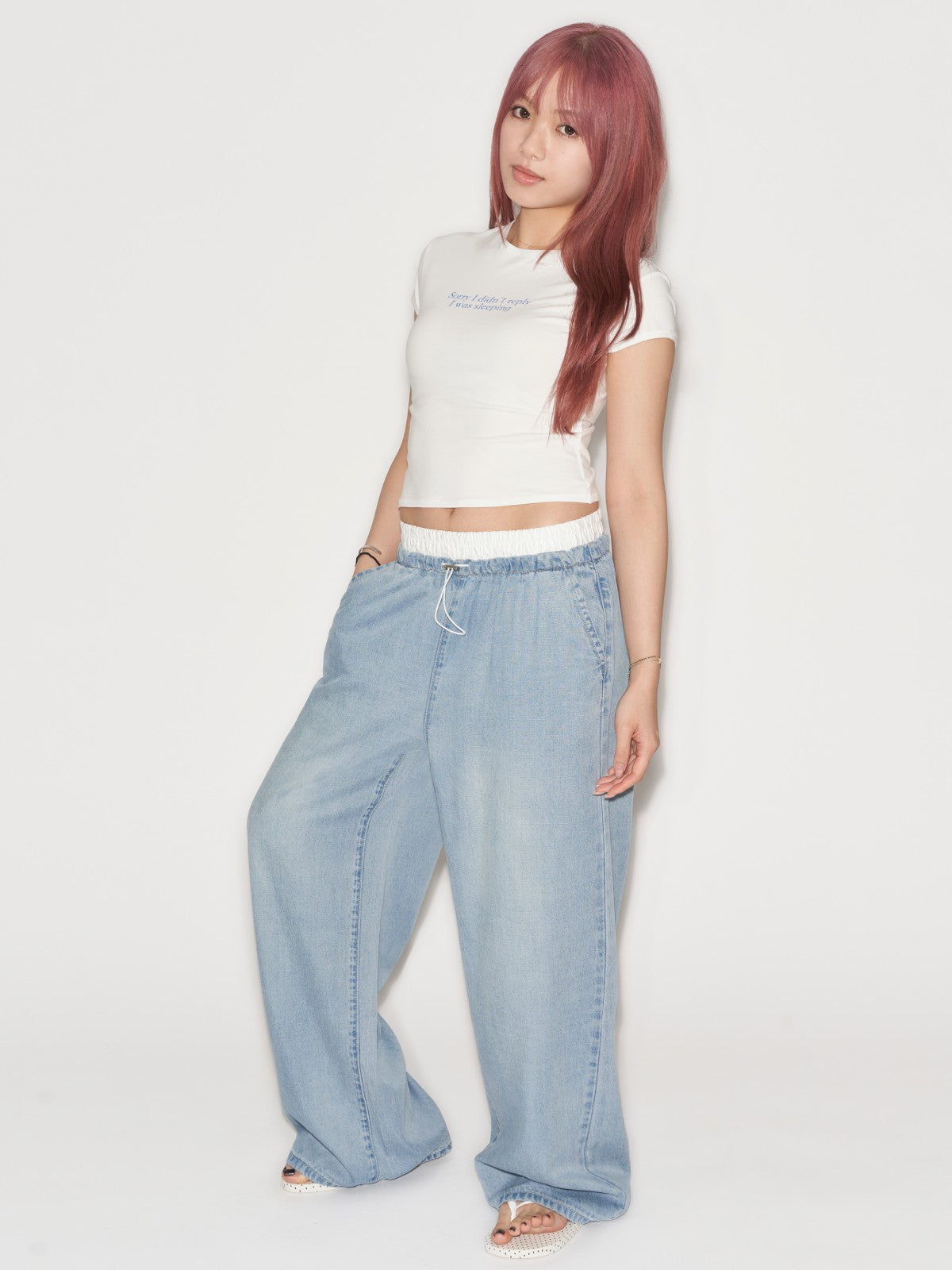 Double Layered Waist Wide Leg Denim Pants