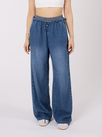 Double Layered Waist Wide Leg Denim Pants