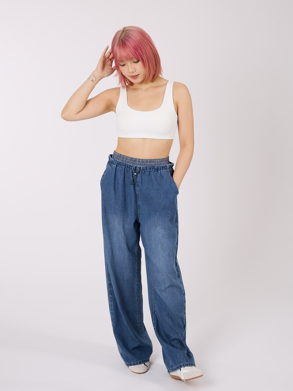 Double Layered Waist Wide Leg Denim Pants