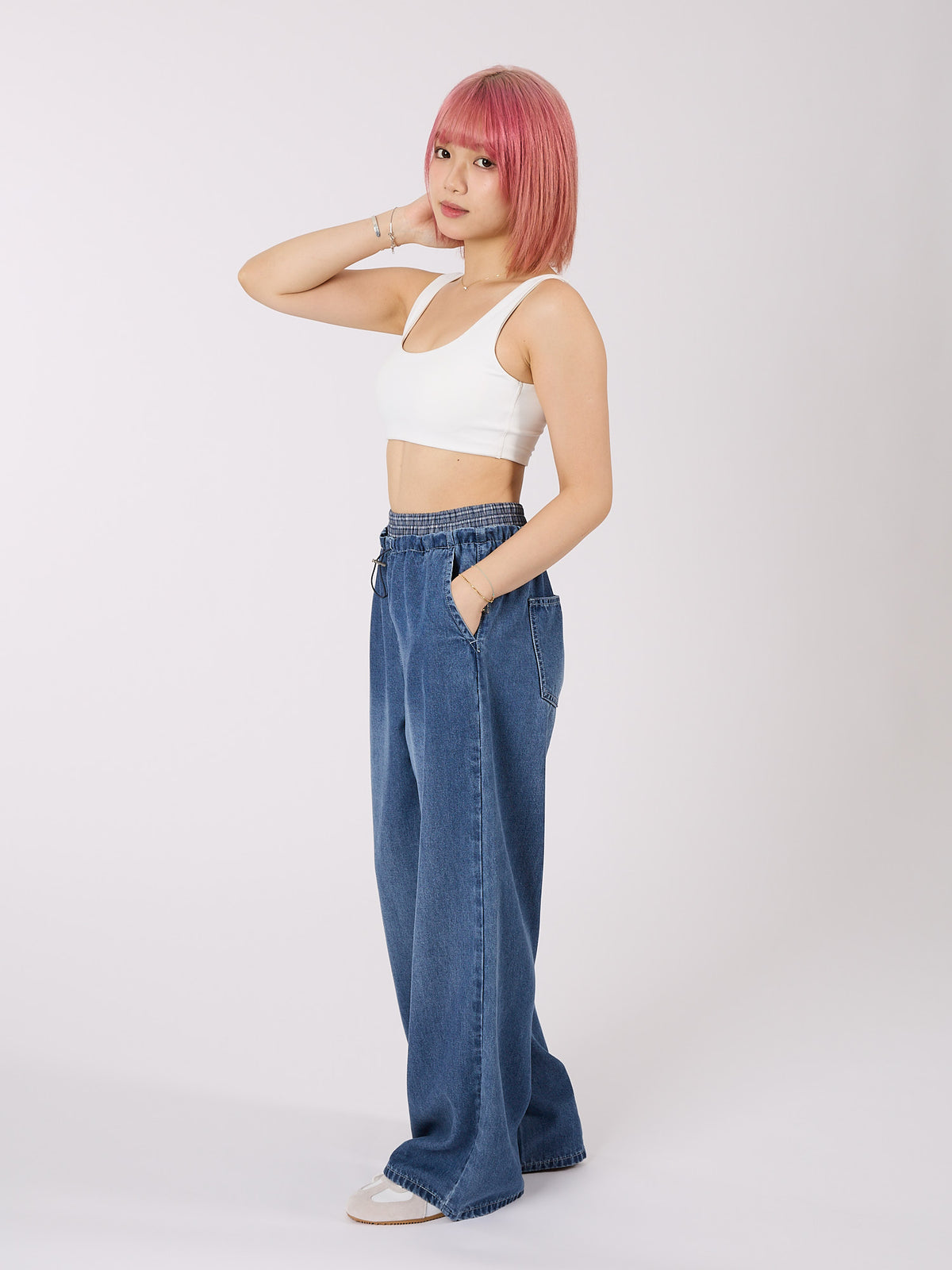Double Layered Waist Wide Leg Denim Pants