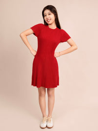 EMERSON, Short Sleeve Ribbed Knit Dress - 8S6-ChineseRed