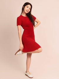 EMERSON, Short Sleeve Ribbed Knit Dress - 8S6-ChineseRed