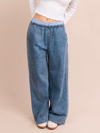 ANSLEY, Double Layered Waist Wide Leg Denim Pants - 8S6-BlueDenim