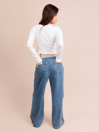 ANSLEY, Double Layered Waist Wide Leg Denim Pants - 8S6-BlueDenim