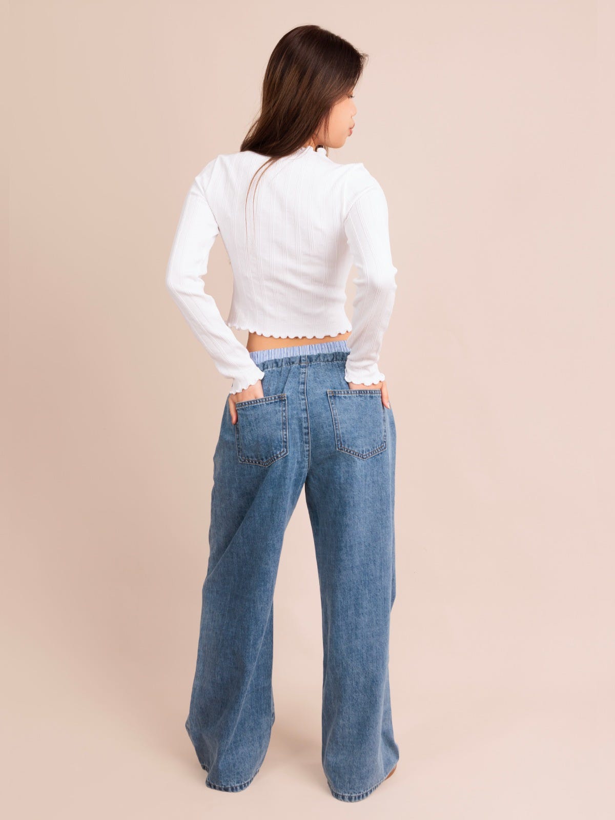 ANSLEY, Double Layered Waist Wide Leg Denim Pants - 8S6-BlueDenim