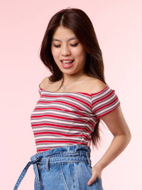 BRENDA, Striped Off Shoulder Top - 8S6-HighRiskRed