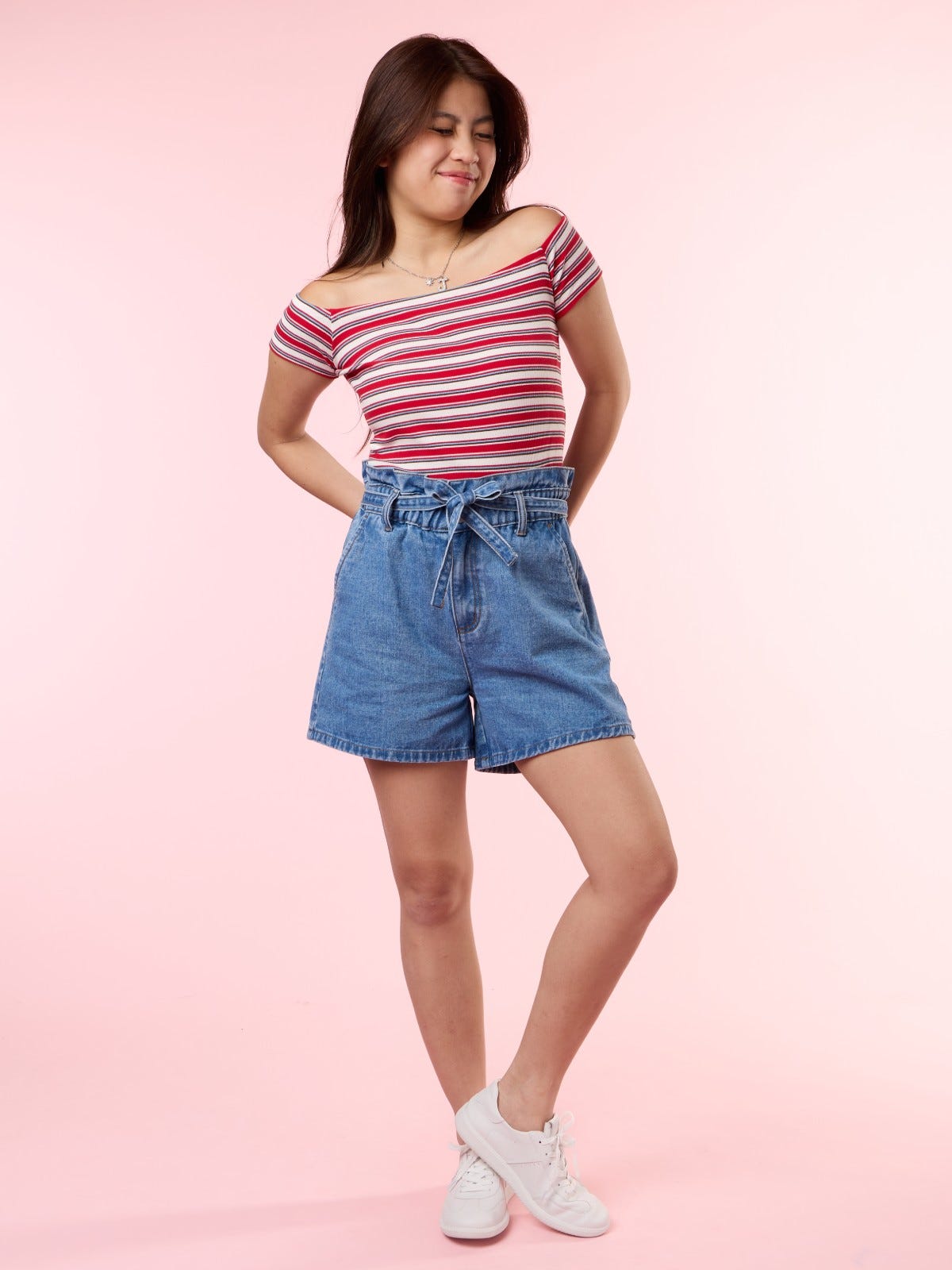 BRENDA, Striped Off Shoulder Top - 8S6-HighRiskRed