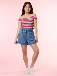 BRENDA, Striped Off Shoulder Top - 8S6-HighRiskRed